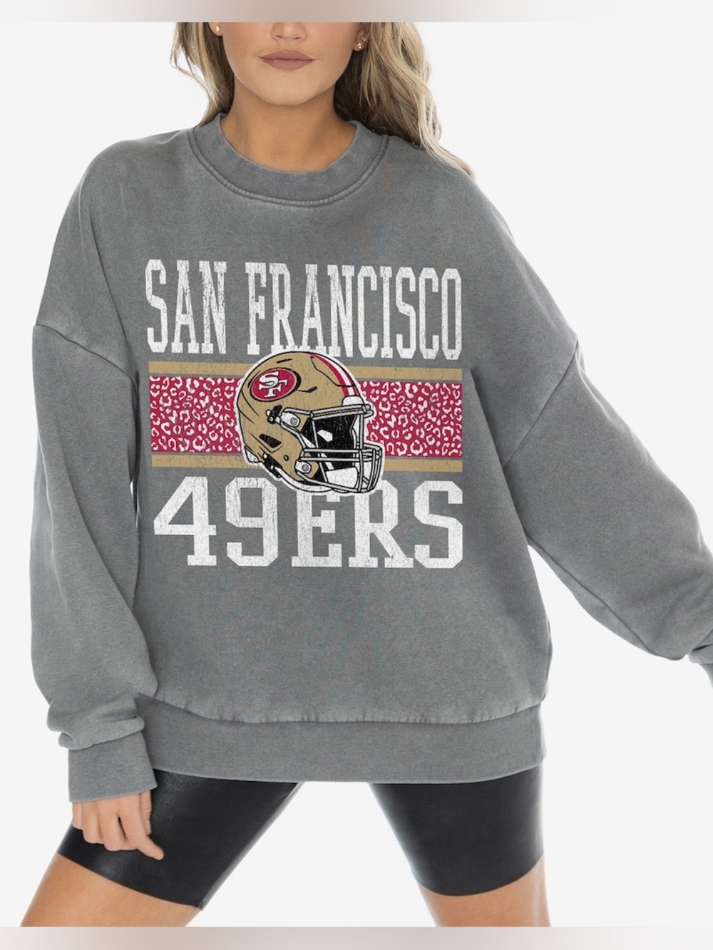 NFL San Francisco 49ers Gray Crewneck Sweatshirt with Gold Helmet and Red Accent
